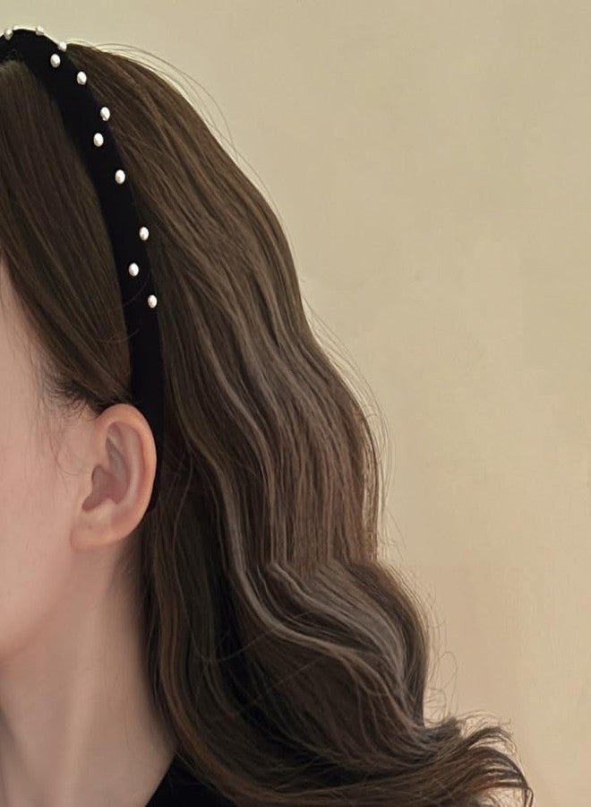 TUCEWP Black Headbands for Women Girls Pearl Velvet Headbands Non Slip Soft Thick Padded Headband Vintage Fall Turban Headband No Teeth Head Bands Hoops Headwear Fashion Styling Tools Accessories - Image 1